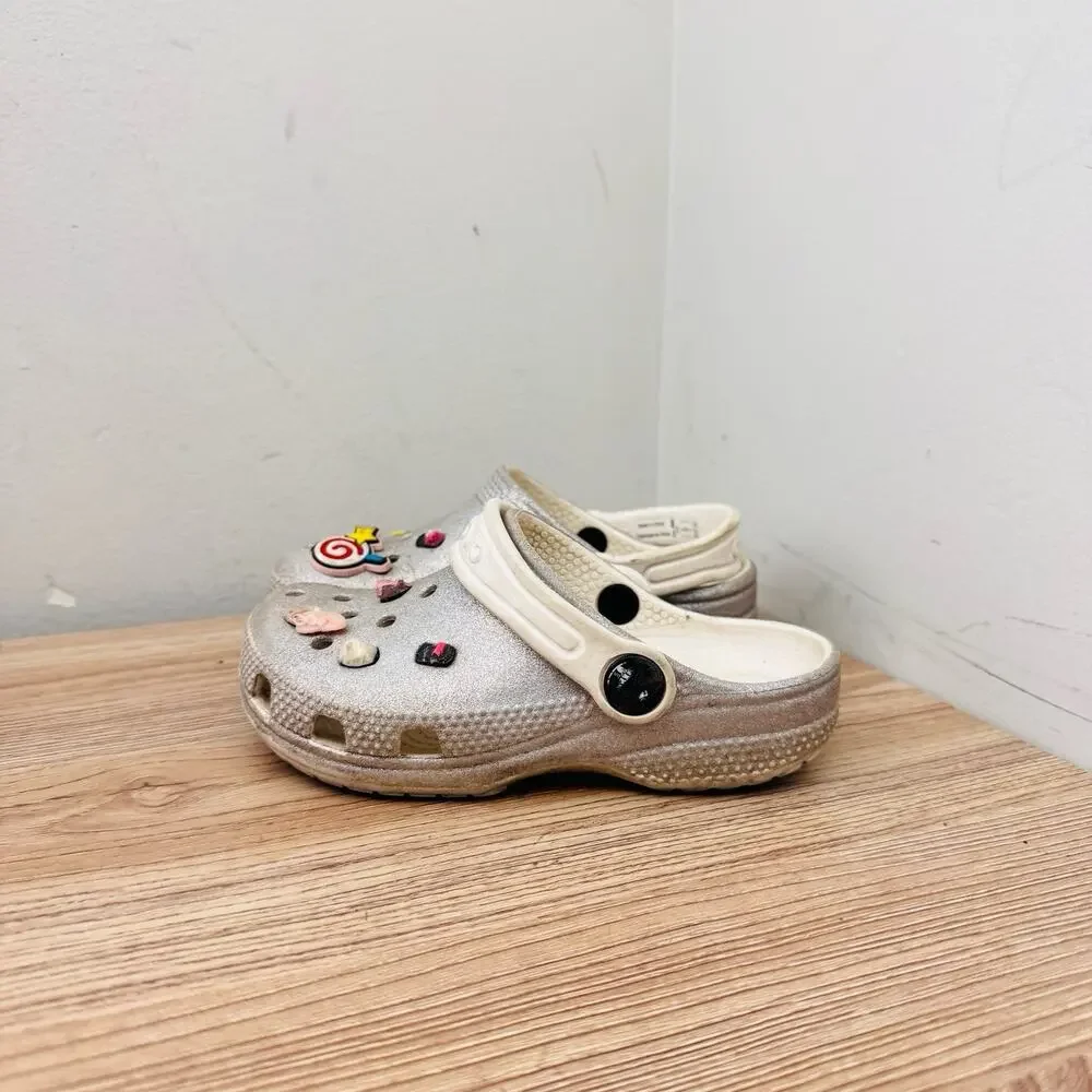 Crocs Silver Classic Glitter Clogs With Charms Girls Size 9